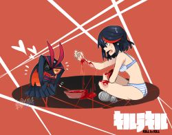 Rule 34 | 10s, 1girl, 2014, black hair, blood, blue eyes, bowl, bra, copyright name, dated, gloves, heart, indian style, kill la kill, living clothes, matoi ryuuko, multicolored hair, panties, red background, red hair, rurupikassa, senketsu, shoes, short hair, signature, single glove, sitting, sneakers, streaked hair, striped clothes, striped panties, sweat, two-tone hair, underwear, underwear only, unworn clothes