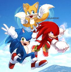 Rule 34 | 3boys, :d, absurdres, animal nose, blue eyes, blue sky, cloud, electricity, flying, fox boy, full body, furry, furry male, gloves, green eyes, highres, isa-415810, jumping, knuckles the echidna, male focus, multiple boys, multiple tails, open mouth, purple eyes, serious, shoes, sky, smile, sonic (live action), sonic (series), sonic heroes, sonic the hedgehog, sonic the hedgehog 2 (film), tail, tails (sonic), two tails, w, white gloves