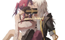 2girls arm_around_neck black_gloves black_jacket breasts cellphone chest_harness closed_eyes closed_mouth clothing_cutout commission face-to-face gloves grey_hair harness highres holding holding_phone honkai:_star_rail honkai_(series) jacket kafka_(honkai:_star_rail) kiss large_breasts long_hair long_sleeves multiple_girls open_clothes open_jacket pantyhose phone ponytail profile purple_hair shirt shoulder_cutout simple_background sitting sleeves_past_elbows smartphone stelle_(honkai:_star_rail) trailblazer_(honkai:_star_rail) turning_head u_u upper_body watermark white_background white_shirt yuri zy_(zyyyyyyy9)