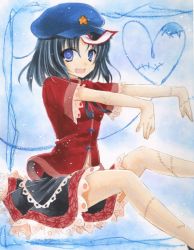 Rule 34 | 1girl, bare legs, blue eyes, blue hair, child&#039;s drawing, chinese clothes, fang, gradient background, hat, heart, looking at viewer, marker (medium), matching hair/eyes, miyako yoshika, ofuda, open mouth, outstretched arms, painting (medium), rano, short hair, sitting, skirt, solo, star (symbol), stitches, touhou, traditional media, watercolor (medium), zombie pose