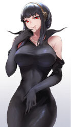 Rule 34 | 1girl, alternate costume, bare shoulders, bead necklace, beads, black dress, black gloves, black hair, blood, blood from mouth, breasts, closed mouth, dress, gloves, gold hairband, hairband, highres, jewelry, large breasts, necklace, red eyes, slit pupils, smile, solo, spy x family, taut clothes, taut dress, tommy (kingdukeee), vampire, yor briar