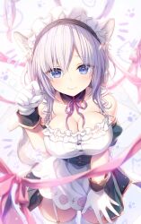 Rule 34 | 1girl, animal ears, blue eyes, breasts, dress, garter straps, gloves, hair between eyes, highres, himeji shirayuki, large breasts, liar liar, light blush, looking at viewer, maid, maid headdress, official art, solo, tail, thighhighs, white gloves, white hair