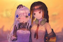 Rule 34 | 2girls, diamond mouth, ^^^, bad id, bad pixiv id, black hair, blonde hair, blunt bangs, blush, braid, breasts, brown eyes, closed mouth, eyes visible through hair, flying sweatdrops, girls&#039; frontline, green eyes, hair ornament, hand on another&#039;s head, headphones, headphones around neck, hk416 (girls&#039; frontline), jacket, long hair, m16a1 (girls&#039; frontline), medium breasts, multicolored hair, multiple girls, necktie, off shoulder, one eye closed, open mouth, red neckwear, saku t, shirt, sidelocks, silver hair, smile, streaked hair, upper body, yellow shirt
