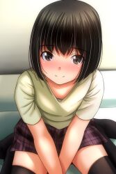 1girl black_hair black_thighhighs blush brown_eyes looking_at_viewer matsunaga_kouyou original plaid_clothes plaid_skirt purple_skirt shirt short_hair short_sleeves sitting skirt smile thighhighs yellow_shirt