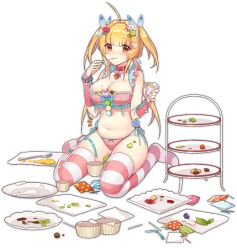 Rule 34 | 1girl, ahoge, ark order, artist request, beelzebub (ark order), blonde hair, blush, bow, bow panties, bra, breasts, butterfly hair ornament, candy, checkerboard cookie, choker, cleavage, cookie, eating, food, food-themed hair ornament, food on body, food on breasts, fork, frilled bra, frilled panties, frills, fruit, full body, gloves, hair ornament, heart, heart hair ornament, holding, holding spoon, large breasts, looking at viewer, multicolored nails, nail polish, official art, panties, pink bra, pink choker, pink gloves, pink panties, plate, plump, red eyes, side-tie panties, sitting, solo, spoon, stick, stomach, strawberry, tachi-e, tiered tray, transparent background, two side up, underwear, utensil in mouth, w arms, wariza