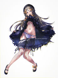 Rule 34 | 1girl, abigail williams (fate), black bow, blue eyes, bow, clothes lift, dress, dress lift, fate/grand order, fate (series), full body, hat, highres, keyhole, lifting own clothes, long hair, looking at viewer, mouth hold, navel, orange bow, panties, shoes, simple background, solo, standing, underwear, white background