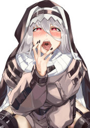Rule 34 | 1girl, arknights, black headwear, black nails, black thighhighs, blush, breasts, capelet, coat, covering one eye, female focus, finger to mouth, garter straps, grey capelet, grey coat, grey hair, habit, hair between eyes, hand up, heart, heart-shaped pupils, jewelry, long hair, looking at viewer, medium breasts, nail polish, necklace, nun, open clothes, open coat, oral invitation, red eyes, ryopie, saliva, sitting, solo, specter (arknights), symbol-shaped pupils, teeth, thick thighs, thighhighs, thighs, tongue, tongue out, turtleneck, uvula