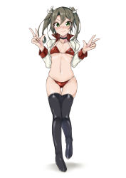 Rule 34 | 1girl, alternate costume, asake ameji, bikini, black thighhighs, breasts, commentary request, cropped jacket, double v, full body, gluteal fold, gradient hair, green eyes, jacket, kantai collection, long hair, looking at viewer, multicolored hair, navel, race queen, red bikini, simple background, small breasts, solo, standing, swimsuit, thighhighs, twintails, v, white background, white jacket, zuikaku (kancolle)