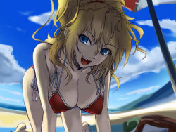 Rule 34 | 1girl, :d, all fours, banpresto, beach, bikini, blonde hair, blue eyes, breasts, cleavage, cloud, day, excellen browning, large breasts, long hair, looking at viewer, michael f91, open mouth, outdoors, ponytail, red bikini, shade, side-tie bikini bottom, sky, smile, solo, super robot wars, swimsuit