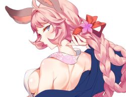 Rule 34 | 1girl, ahoge, aki663, alternate costume, animal ears, back, bare shoulders, blue eyes, blush, breasts, commentary, commentary request, covered erect nipples, erune, eyelashes, eyeshadow, floral print, from behind, granblue fantasy, lips, long eyelashes, long hair, looking at viewer, looking back, makeup, medium breasts, pink hair, pink lips, sideboob, simple background, solo, swimsuit, symbol-only commentary, tien (granblue fantasy), upper body, very long hair