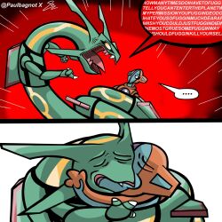 Rule 34 | alien, angry, before and after, claws, crazy eyes, creatures (company), deoxys, deoxys (normal), disgust, dragon, emphasis lines, english text, face-to-face, fang, fangs, game freak, gen 3 pokemon, highres, hug, index finger raised, kiss, legendary pokemon, looking at another, meme, meme attire, mythical pokemon, nintendo, no humans, open mouth, paulbagnot, pokemon, pokemon (creature), rayquaza, restrained, serious, shaded face, sharp teeth, skin fang, tail, teeth, tentacles, violence, what, yellow eyes