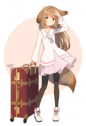 Rule 34 | 1girl, :o, animal ears, arm up, black pantyhose, blush, brown background, brown hair, collared dress, commentary request, coreytaiyo, dated, dress, full body, highres, long hair, long sleeves, looking at viewer, original, pantyhose, parted lips, pink dress, pleated dress, rolling suitcase, shoes, signature, solo, standing, suitcase, tail, two-tone background, very long hair, white background, white dress, white footwear, wide sleeves, yellow eyes