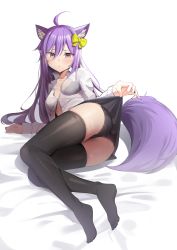 Rule 34 | 1girl, ahoge, animal ears, arm support, ass, black panties, black skirt, black thighhighs, blush, bow, breasts, cat ears, cat girl, cat tail, closed mouth, clothes lift, collarbone, collared shirt, commission, full body, grey shirt, hair between eyes, hair bow, highres, k pring, lifted by self, long hair, long sleeves, looking at viewer, lying, medium breasts, no bra, on side, original, panties, purple eyes, see-through, shirt, simple background, skirt, skirt lift, solo, sweat, tail, thighhighs, underwear, very long hair, white background, yellow bow