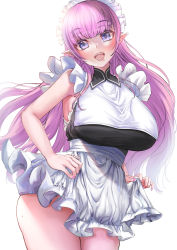 Rule 34 | 1girl, alternate costume, amemiya arikapu, apron, apron lift, blush, breasts, clothes lift, contrapposto, cowboy shot, dress, enmaided, head tilt, highres, large breasts, long hair, looking at viewer, maid, maid headdress, mole, mole on body, mole under mouth, open mouth, original, pink hair, pointy ears, purple eyes, purple hair, sideboob, simple background, smile, solo, taut clothes, taut dress, thighhighs, waist apron, white background