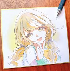 Rule 34 | 1girl, art tools in frame, blonde hair, braid, commentary request, fang, fujita kotone, gakuen idolmaster, highres, idolmaster, jacket, long hair, looking at viewer, marker (medium), mechanical pencil, multicolored clothes, multicolored jacket, open clothes, open jacket, open mouth, pato (ptro), pencil, photo (medium), smile, solo, traditional media, twin braids, upper body, v, yellow eyes