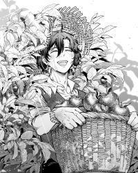 Rule 34 | 1boy, :d, apple, apple tree, basket, collared shirt, constantine xi (fate), earrings, closed eyes, facing viewer, fate/grand order, fate (series), food, fruit, fruit basket, fruit tree, greyscale, hair between eyes, happy, harvest, hat, highres, holding, holding basket, jewelry, male focus, monochrome, open collar, open mouth, shirt, shooou 0104, short hair, sleeves rolled up, smile, solo, straw hat, sunlight, sweat, teeth, tree, upper body, upper teeth only, vest, water, wristband