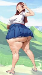 Rule 34 | 1girl, absurdres, ass, bambooale, borrowed character, breasts, brown hair, fat, from behind, hand up, highres, huge ass, large breasts, looking back, orange eyes, outdoors, panties, sandals, skirt, solo, thick thighs, thighs, toroboro, underwear, wide hips