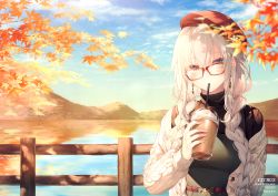 Rule 34 | 1girl, absurdres, autumn leaves, beret, braid, branch, cloud, cloudy sky, day, drinking straw, earrings, glasses, hat, highres, holding, jewelry, lake, long hair, mountain, off shoulder, original, outdoors, red-framed eyewear, scan, simple background, sky, solo, toosaka asagi, twin braids, twintails, upper body, water, white hair, yellow eyes