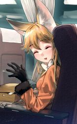Rule 34 | 1girl, :d, ^ ^, absurdres, animal ear fluff, animal ears, black gloves, blonde hair, bow, bowtie, closed eyes, coat, commentary, curtains, elbow rest, ezo red fox (kemono friends), facing viewer, fox ears, fox girl, fur-trimmed sleeves, fur trim, gloves, highres, kemono friends, long hair, long sleeves, open mouth, orange coat, seat, signature, sitting, smile, solo, waving, welt (kinsei koutenkyoku), white bow, white bowtie