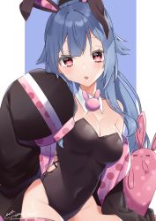 Rule 34 | 1girl, abe suke, absurdres, black jacket, black leotard, blue background, blue hair, breasts, cleavage, closed mouth, collar, commentary request, detached collar, highres, jacket, leotard, long hair, long sleeves, looking at viewer, medium breasts, off shoulder, open clothes, open jacket, original, playboy bunny, polka dot, red eyes, signature, sleeves past fingers, sleeves past wrists, solo, strapless, strapless leotard, stuffed animal, stuffed rabbit, stuffed toy, tongue, tongue out, two-tone background, very long hair, white background, white collar, wing collar