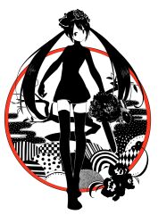 Rule 34 | 1girl, abstract background, argyle, argyle background, boots, bow, checkered background, enomoto kankuro, flower, full body, greyscale, hair bow, hair flower, hair ornament, hatsune miku, holding, looking at viewer, love love nightmare (vocaloid), low twintails, monochrome, no mouth, polka dot, polka dot background, solo, spot color, thigh boots, twintails, vocaloid