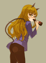 Rule 34 | 1girl, alcohol, animal ears, ass, beer, blonde hair, blush, drunk, face, glasses, long hair, mune, panties, panties under pantyhose, pantyhose, perrine h. clostermann, solo, strike witches, tail, underwear, uniform, world witches series, yellow eyes