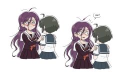 2girls absurdres ahoge blue_collar blue_skirt blush collar commentary danganronpa_(series) danganronpa_another_episode:_ultra_despair_girls english_commentary english_text fukawa_toko glasses green_hair highres kiana_mai long_hair multiple_girls multiple_views naegi_komaru neckerchief purple_hair red_neckerchief round_eyewear school_uniform serafuku short_hair skirt smile speech_bubble torn_clothes torn_neckerchief white_background