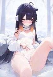 Rule 34 | 1girl, alternate costume, bare shoulders, black hair, blush, cameltoe, closed mouth, commentary, covered navel, earmuffs, english commentary, grey eyes, hand on own stomach, highres, hololive, hololive english, jacket, knee up, koahri, leotard, long sleeves, looking at viewer, mole, mole under eye, ninomae ina&#039;nis, off shoulder, onsen, open clothes, open jacket, orange hair, puffy long sleeves, puffy sleeves, snow, solo, spread navel, tentacle hair, virtual youtuber, white jacket, white leotard