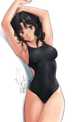 Rule 34 | 1girl, amagami, armpits, arms up, back cutout, bare shoulders, black eyes, black hair, black one-piece swimsuit, closed mouth, clothing cutout, collarbone, cowboy shot, curly hair, gluteal fold, groin, highres, looking at viewer, loose hair strand, messy hair, navel, one-piece swimsuit, signature, simple background, solo, swimsuit, tanamachi kaoru, thigh gap, twitter username, wavy hair, white background, yoo tenchi