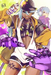 Rule 34 | 1girl, absurdres, baseball cap, blue hair, breasts, choker, covering privates, covering breasts, covering crotch, dark skin, disembodied hand, froretto ois, hair between eyes, hand on own hip, hat, headphones, highres, isla (kof), jacket, jacket on shoulders, leg tattoo, light blue hair, long hair, mask, mask around neck, multicolored hair, oversized clothes, ponytail, respirator, shun&#039;ei, tattoo, the king of fighters, the king of fighters xiv, the king of fighters xv