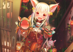 Rule 34 | 1girl, :d, aiuabo, albino, animal ears, bag, bandage over one eye, black cat, blush, candy, cat, commentary request, doorway, fangs, flower, food, fork, hair flower, hair ornament, halloween, halloween costume, hand puppet, hat, highres, jack-o&#039;-lantern, knife, lollipop, long hair, looking at viewer, mailbox (incoming mail), open mouth, orange pants, orange vest, original, pants, pantyhose, pink flower, pumpkin, puppet, red eyes, shoes, shoulder bag, smile, sneakers, solo, star (symbol), star print, striped clothes, striped legwear, striped pants, striped pantyhose, trick or treat, vertical-striped clothes, vertical-striped pants, vest, wallpaper, white flower, white hair, yellow flower