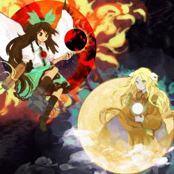 Rule 34 | 2girls, aqua eyes, arm cannon, asymmetrical footwear, atom, bird wings, black hair, black socks, black sun, black wings, blonde hair, blouse, bow, bright pupils, brown dress, brown eyes, brown hair, cape, circle, cloud, collared shirt, commentary request, control rod, dress, fire, fire, floating, floating object, forehead jewel, full moon, green bow, green skirt, hair bow, highly responsive to prayers, highres, kaigen 1025, kikuri (touhou), kneehighs, light smile, long hair, looking at another, mismatched footwear, moon, multiple girls, photokinesis, puffy short sleeves, puffy sleeves, reiuji utsuho, shirt, shoes, short sleeves, single shoe, skirt, socks, starry sky print, sun, third eye, touhou, touhou (pc-98), two-sided cape, two-sided fabric, very long hair, weapon, white cape, white pupils, white shirt, wings