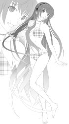 Rule 34 | 1girl, :d, absurdres, asunogear, barefoot, bikini, breasts, choker, cleavage, collarbone, floating hair, gradient hair, greyscale, groin, hairband, headphones, highres, long hair, medium breasts, megurine luka, monochrome, multicolored hair, navel, open mouth, plaid, plaid bikini, sketch, smile, solo, standing, swimsuit, underboob, very long hair, vocaloid, white background, zoom layer
