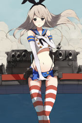 Rule 34 | 10s, 1girl, absurdres, bad id, bad pixiv id, bare shoulders, black eyes, blonde hair, bow, elbow gloves, gloves, hair bow, highres, hummingbird (artist), kantai collection, long hair, looking at viewer, navel, shimakaze (kancolle), solo, striped clothes, striped thighhighs, thighhighs, thighs