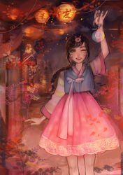 Rule 34 | 1girl, absurdres, alternate costume, alternate hairstyle, braid, brown eyes, brown hair, chinese lantern, cowboy shot, d.va (overwatch), dress, eyelashes, facial mark, fingernails, floral print, hair ornament, hair tie, hanbok, hand up, highres, holding, jpeg artifacts, korean clothes, lantern, lips, long fingernails, long hair, long sleeves, looking at viewer, makeup, making-of available, mascara, matilda fiship, nail polish, overwatch, overwatch 1, palanquin d.va, paper lantern, pink lips, pink nails, pink ribbon, pink skirt, rabbit hair ornament, ribbon, sidelocks, single braid, skirt, skirt set, solo, standing, striped, striped sleeves, swept bangs, traditional clothes, whisker markings