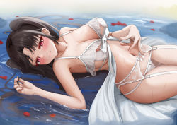 Rule 34 | 1girl, babydoll, bare arms, bare shoulders, bikini, black hair, breasts, cleavage, closed mouth, collarbone, commission, crotchless, crotchless bikini, from side, garter belt, hand on own stomach, highres, iro (boo iro), large breasts, looking at viewer, looking to the side, lying, navel, on back, original, parted bangs, petals, petals on liquid, red eyes, shallow water, smile, solo, stomach, swimsuit, twintails, wakamezake, water, wavy mouth, white bikini