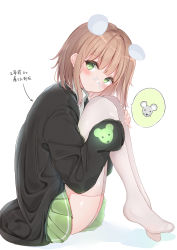 Rule 34 | 1girl, animal ears, arrow (symbol), bad id, bad pixiv id, black jacket, blush, brown hair, closed mouth, collared shirt, full body, glowing, green eyes, green skirt, highres, jacket, knees up, long sleeves, looking at viewer, looking to the side, mouse ears, no shoes, original, pleated skirt, sashima, shadow, shirt, sitting, skirt, sleeves past wrists, solo, spoken animal, thighhighs, translation request, whiskers, white background, white shirt, white thighhighs