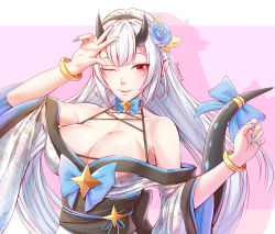 Rule 34 | 1girl, ;), absurdres, alternate costume, armpit peek, bare shoulders, black hairband, black horns, blue bow, blue flower, blue nails, blue ribbon, blue rose, blush, bow, bow choker, bracelet, breasts, cleavage, collarbone, commentary, dragon girl, dragon horns, dragon tail, english commentary, epic seven, eyebrows hidden by hair, floral print, flower, hair flower, hair ornament, hairband, highres, horns, japanese clothes, jewelry, kimono, large breasts, light blush, long hair, looking at viewer, nail polish, obi, obijime, off shoulder, one eye closed, pink background, pointy ears, print kimono, red eyes, ribbon, rose, rose print, sash, seberry, shadow, sidelocks, signature, smile, solo, tail, tail bow, tail bracelet, tail ornament, two-tone background, upper body, v, very long hair, white background, white hair, white kimono, wide sleeves, yufine (epic seven)