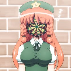 Rule 34 | 1girl, braid, breasts, brick wall, collared shirt, commentary request, dartboard, closed eyes, facepaint, hat, hong meiling, long hair, neck ribbon, open mouth, orange hair, ribbon, saliva, shirosato, shirt, short sleeves, sleeping, solo, touhou, twin braids, upper body, vest, wall