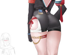 Rule 34 | 2girls, absurdres, ass, ass focus, asymmetrical legwear, back cutout, blush, cameltoe, close-up, clothing cutout, detached sleeves, hand on own hip, head out of frame, highres, hip vent, honkai: star rail, honkai (series), legs, legs together, looking at another, lower body, multiple girls, nose blush, simple background, sketch, skindentation, smurtz, solo, solo focus, standing, stelle (honkai: star rail), thigh focus, thigh gap, thigh strap, thighlet, thighs, topaz (honkai: star rail), trailblazer (honkai: star rail), white background