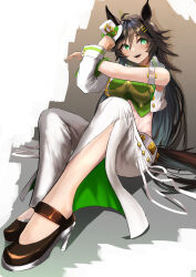 Rule 34 | 1girl, :d, absurdres, ahoge, animal ears, arm strap, bare shoulders, black hair, commentary request, crop top, cropped jacket, green eyes, green shirt, hair between eyes, hair ornament, hairclip, hat, high heels, highres, horse ears, jacket, long hair, looking at viewer, midriff, mini hat, mini top hat, mr. c.b. (umamusume), open clothes, open jacket, open mouth, pants, rakasei5050, shirt, sitting, smile, solo, tail, top hat, umamusume, very long hair, white hat, white jacket, white pants