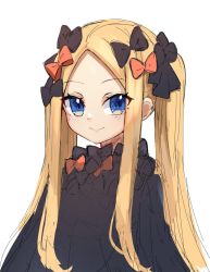 Rule 34 | 1girl, abigail williams (fate), alternate hairstyle, black bow, black dress, blonde hair, blue eyes, bow, closed mouth, dress, eyes visible through hair, fate/grand order, fate (series), forehead, hair bow, looking at viewer, miya (miyaruta), multiple hair bows, orange bow, parted bangs, simple background, smile, solo, twintails, upper body, white background