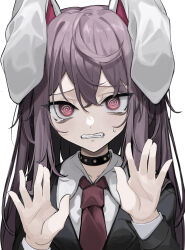 Rule 34 | 1girl, @ @, absurdres, animal ears, blazer, choker, collared shirt, commentary request, floppy ears, hands up, highres, hisha (kan moko), jacket, long hair, long sleeves, looking at viewer, necktie, parted lips, purple hair, rabbit ears, rabbit girl, red eyes, red necktie, reisen udongein inaba, shirt, simple background, solo, sweatdrop, touhou, upper body, white background, white shirt