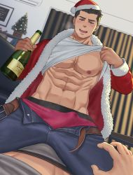 Rule 34 | 2boys, abs, backlighting, bara, bare pectorals, belt, black hair, blush, bottle, bulge, champagne bottle, christmas, clothes lift, coat, cum, cum in clothes, curtains, dark nipples, denim, drunk, dry humping, dutch angle, erection, erection under clothes, fur-trimmed coat, fur-trimmed headwear, fur trim, grey male underwear, half-closed eyes, hand up, hat, highres, holding, holding bottle, humping, indoors, jeans, kode65851125, lifted by self, looking at viewer, male focus, male underwear, multiple boys, muscular, muscular male, naughty face, navel, navel hair, nipples, open belt, open fly, open mouth, open pants, original, pants, pectorals, pov, pov hands, precum, red coat, red headwear, red male underwear, santa hat, shirt, shirt lift, short hair, solo focus, steaming body, straddling, sweatdrop, underwear, very short hair, white shirt, yaoi