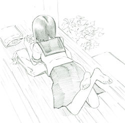 Rule 34 | 1girl, barefoot, chips (food), crossed legs, feet, food, from behind, handheld game console, lying, monochrome, original, pillow, playing, school uniform, serafuku, short hair, sketch, soles, solo, toes, traditional media, wooden floor, yoshitomi akihito