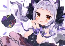 Rule 34 | 1girl, :d, absurdres, aged down, animal ears, bad id, bad pixiv id, black dress, blunt bangs, blush, bow, brown eyes, cat ears, commentary request, dress, fox, hair bow, hair ribbon, highres, hololive, huge filesize, long hair, looking at viewer, murasaki shion, murasaki shion (gothic lolita), noi mine, open mouth, own hands together, ribbon, shiokko (murasaki shion), sidelocks, silver hair, simple background, smile, tiara, twintails, virtual youtuber