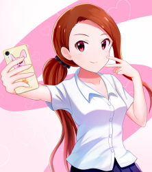 Rule 34 | 1girl, bad id, bad pixiv id, black scrunchie, blue skirt, breasts, brown hair, cellphone, cleavage, closed mouth, collarbone, collared shirt, dress shirt, hair ornament, hair scrunchie, highres, holding, holding phone, idolmaster, idolmaster (classic), long hair, minase iori, miniskirt, phone, pleated skirt, ponytail, red eyes, runmo77, school uniform, scrunchie, selfie, shirt, short sleeves, skirt, small breasts, smartphone, smile, solo, standing, summer uniform, v, very long hair, white shirt, wing collar