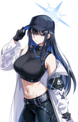 Rule 34 | 1girl, absurdres, bare shoulders, baseball cap, bee doushi, belt, black gloves, black hair, black hat, black pants, black shirt, blue archive, blue eyes, blue hair, blunt bangs, breasts, coat, commentary request, crop top, gloves, halo, hat, head tilt, highres, large breasts, leggings, long hair, long sleeves, looking at viewer, midriff, multicolored hair, navel, off shoulder, open clothes, open coat, pants, parted lips, saori (blue archive), shirt, sidelocks, simple background, sleeveless, sleeveless shirt, solo, stomach, two-tone hair, white background, white coat