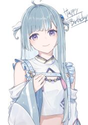 Rule 34 | 1girl, amaui, amaui (2nd costume), asymmetrical hair, atsushima, belt, blue belt, blue hair, blue sleeves, blunt bangs, closed mouth, crop top, detached sleeves, frilled shirt, frills, happy birthday, highres, long hair, looking at viewer, multicolored hair, nanashi inc., purple eyes, shirt, simple background, smile, solo, two-tone hair, two side up, upper body, virtual youtuber, white background, white hair, white shirt, wide sleeves