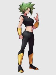 Rule 34 | 1girl, alternate color, arm at side, bare arms, black footwear, black leggings, bracelet, breasts, clenched hand, closed mouth, crop top, dragon ball, dragon ball super, earrings, fingernails, full body, green eyes, green hair, grey background, hand up, jewelry, kefla (dragon ball), kemachiku, leggings, legs apart, looking at viewer, medium breasts, midriff, navel, potara earrings, serious, shoes, short hair, sideways glance, simple background, solo, spiked hair, standing, super saiyan
